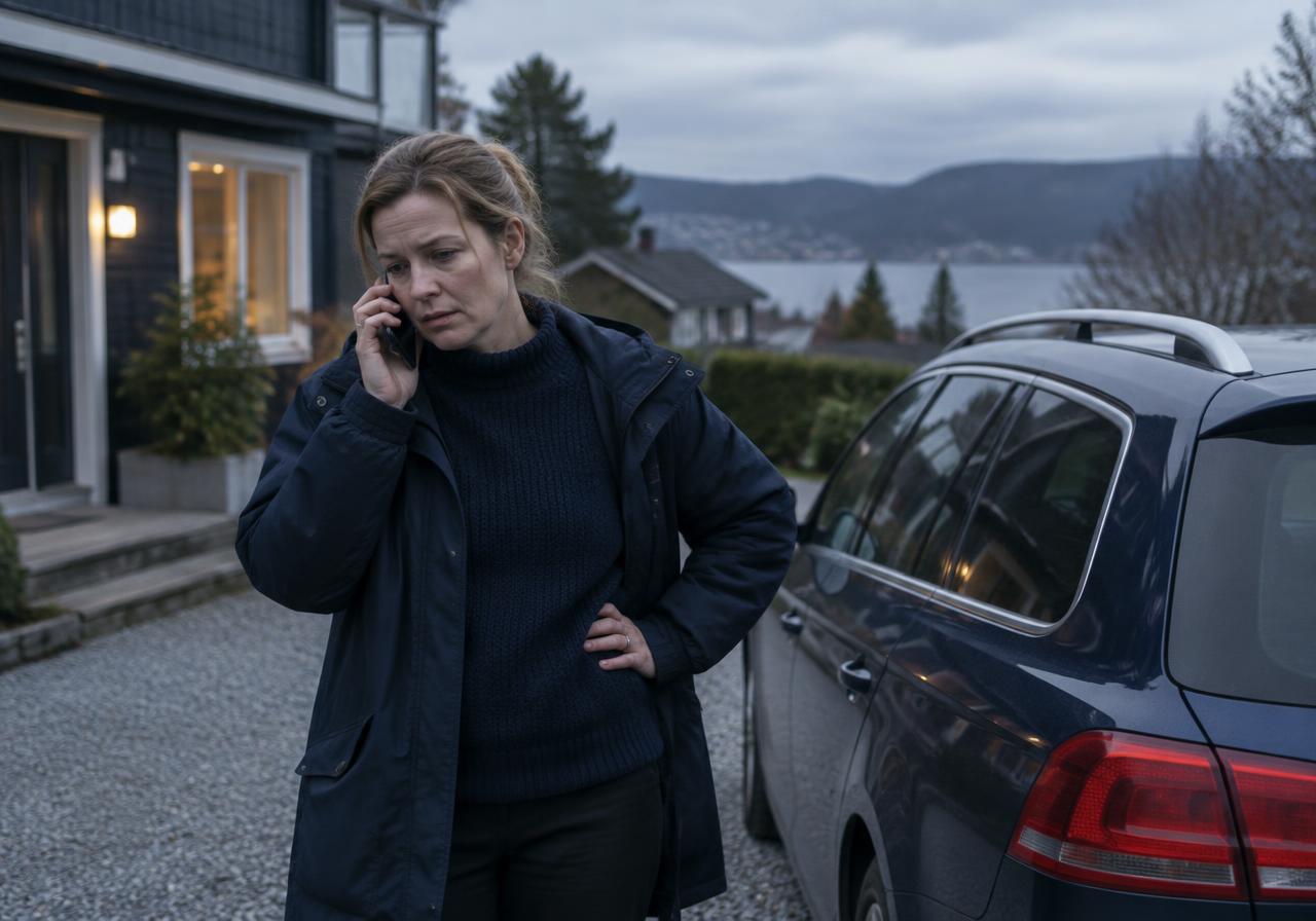 Kvinna pratar i telefon bredvid sin bil i uppfarten